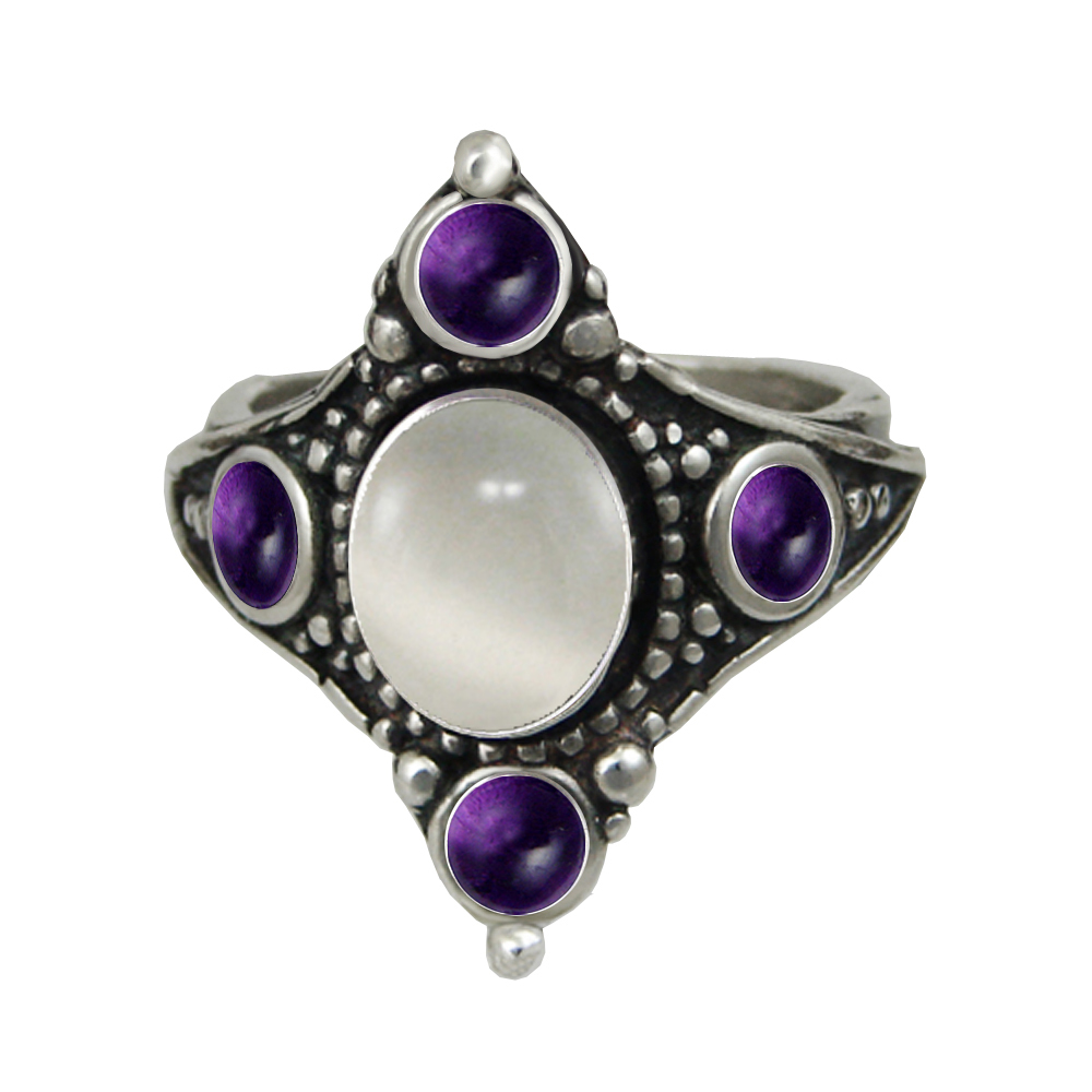 Sterling Silver Renaissance Queen's Ring With White Moonstone And Amethyst Size 6